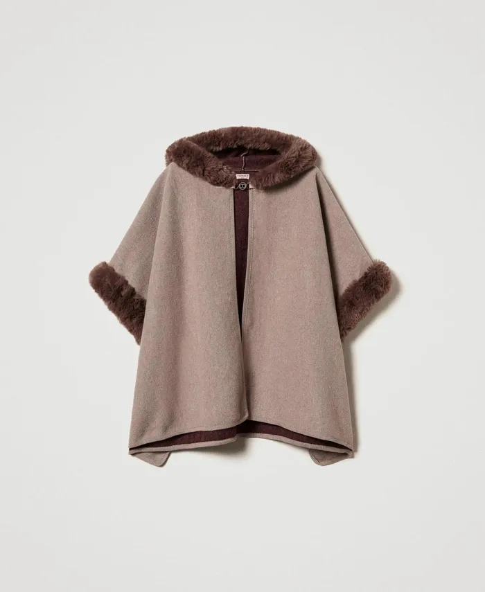 Twinset Wool Cloth And Faux Fur Poncho Chocolate Malt Women Jackets And Outerwear Twinset Wool Cloth And Faux Fur Poncho Chocolate Malt Women Jackets And Outerwear