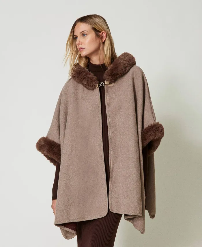 Twinset Wool Cloth And Faux Fur Poncho Chocolate Malt Women Jackets And Outerwear Twinset Wool Cloth And Faux Fur Poncho Chocolate Malt Women Jackets And Outerwear