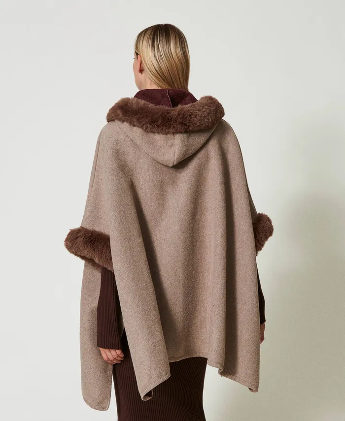 Twinset Wool Cloth And Faux Fur Poncho Chocolate Malt Women Jackets And Outerwear Twinset Wool Cloth And Faux Fur Poncho Chocolate Malt Women Jackets And Outerwear