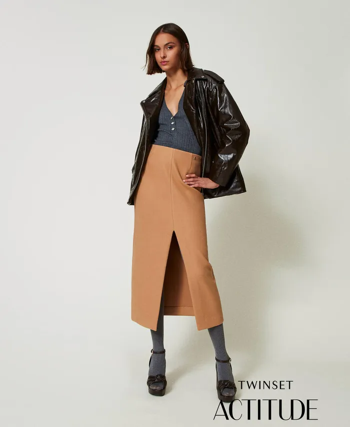 Twinset Wool Cloth Midi Skirt Cinnamon Brown Women Skirts