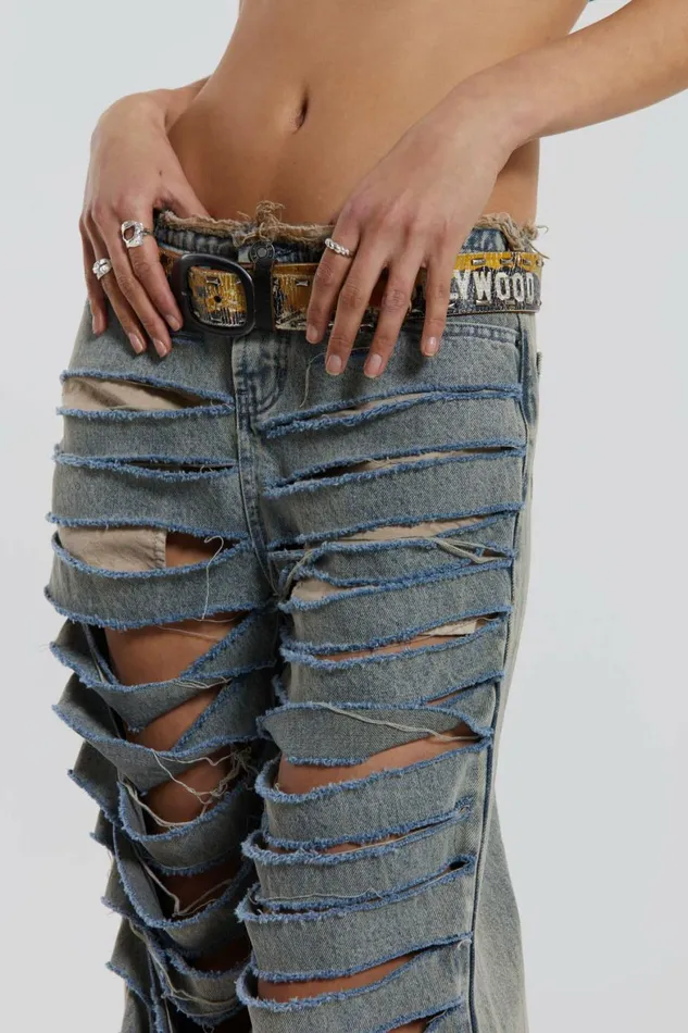 Underground Extreme Ripped Low Rise Jeans Blue Women Jaded London Jeans