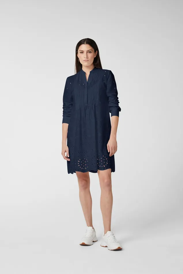 Van Laack Dresses and Skirts Women Kneelength Cotton Slipon Dress With A Standup Collar And Lace Trims Blue