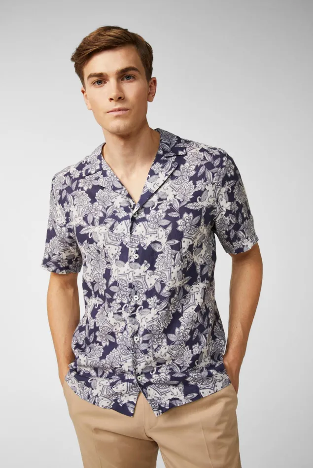 Van Laack Linen Shirts Men Boxy Linen Shirt With Elephant Desert Print Blue