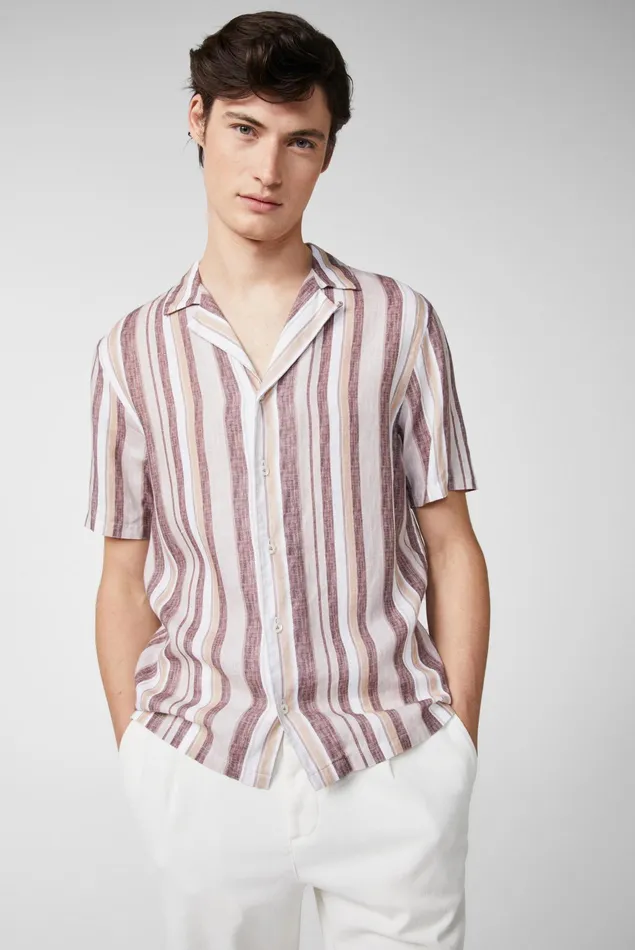 Van Laack Linen Shirts Men Multicolored Striped Shortsleeved Shirt In Beige