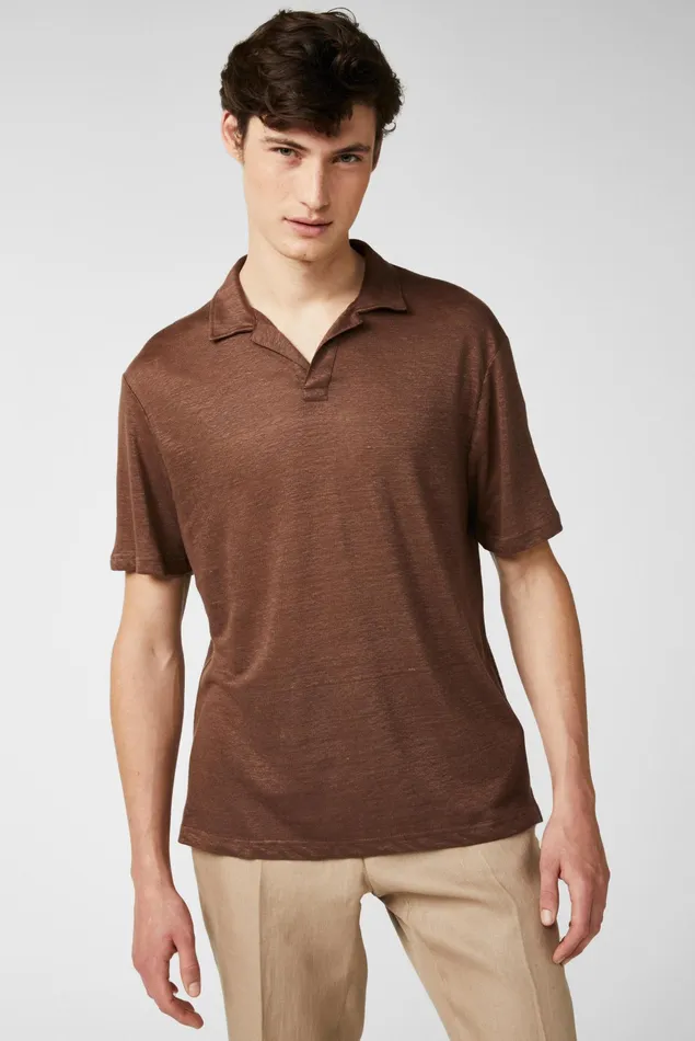 Van Laack Poloshirts Men Linen Jersey Polo Shirt Brown
