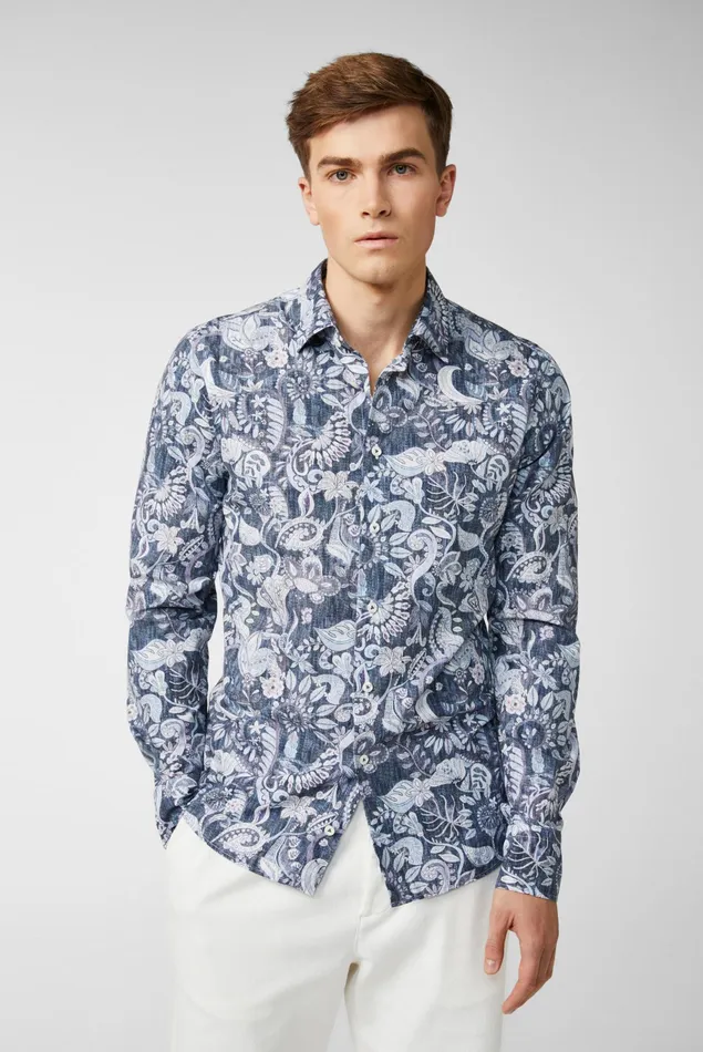 Van Laack TailorFit Shirts Men Poplin Shirt With A Paisley Print Denim Look Blue