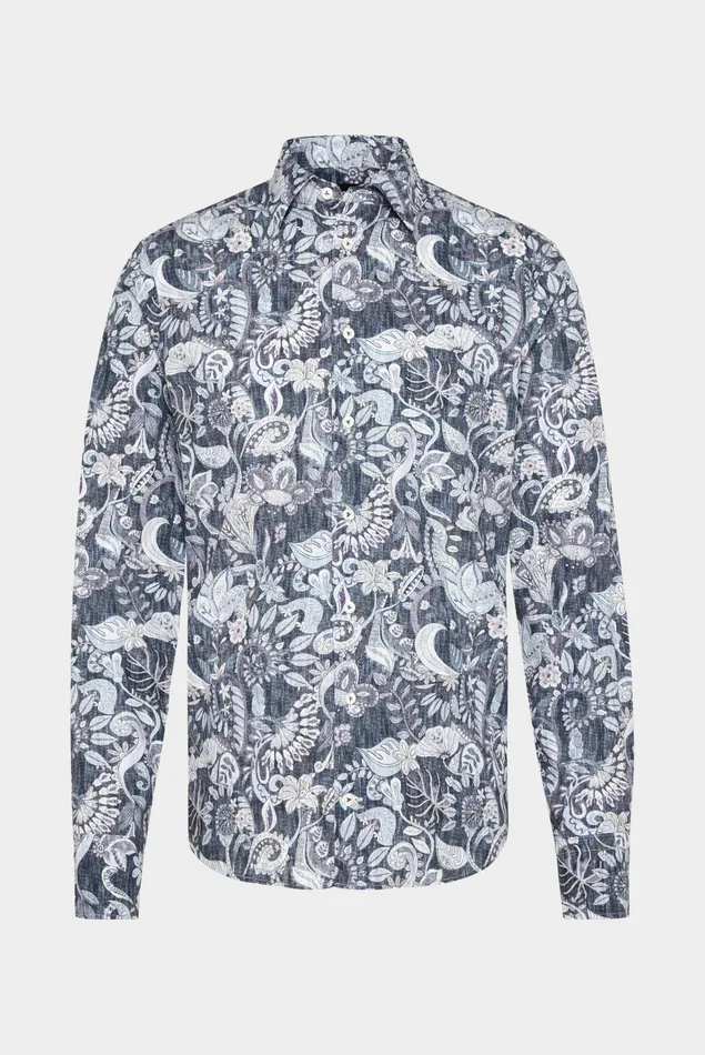 Van Laack TailorFit Shirts Men Poplin Shirt With A Paisley Print Denim Look Blue Van Laack TailorFit Shirts Men Poplin Shirt With A Paisley Print Denim Look Blue