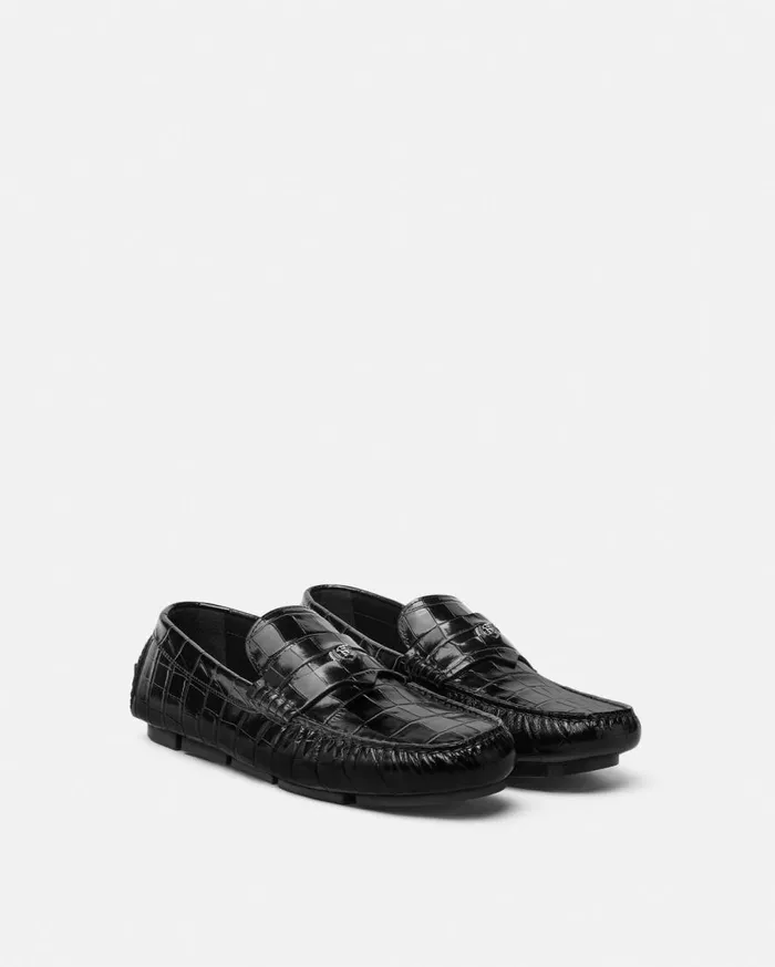 Versace Drivers Medusa CrocEffect Leather Driver Shoes Black 8211 Men Versace Drivers Medusa CrocEffect Leather Driver Shoes Black 8211 Men