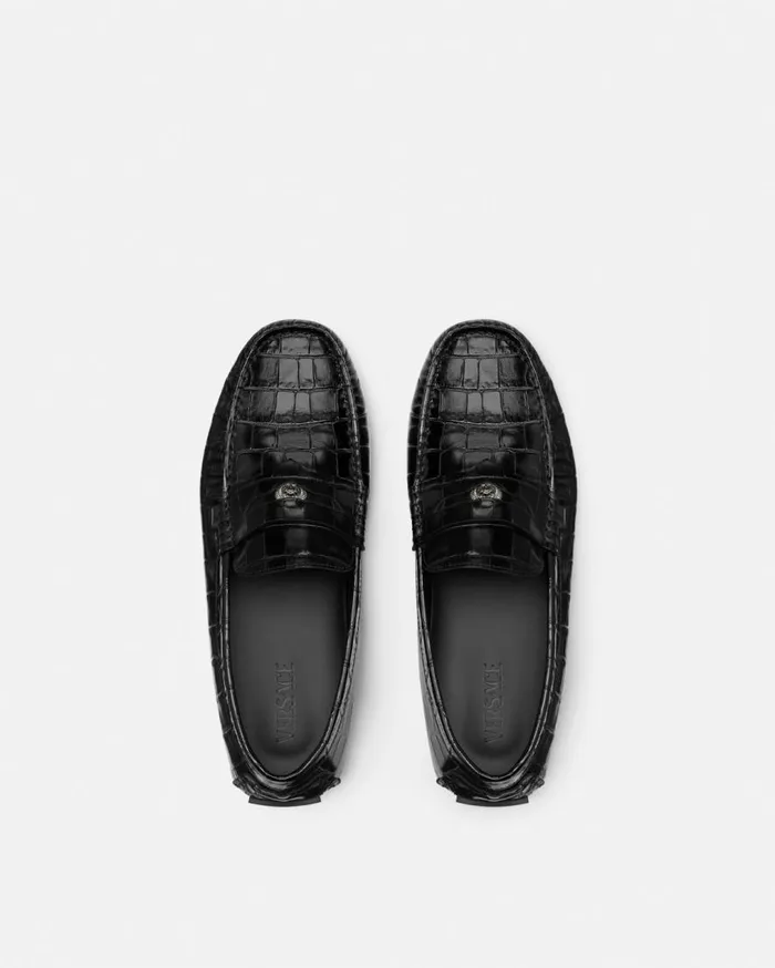 Versace Drivers Medusa CrocEffect Leather Driver Shoes Black 8211 Men Versace Drivers Medusa CrocEffect Leather Driver Shoes Black 8211 Men