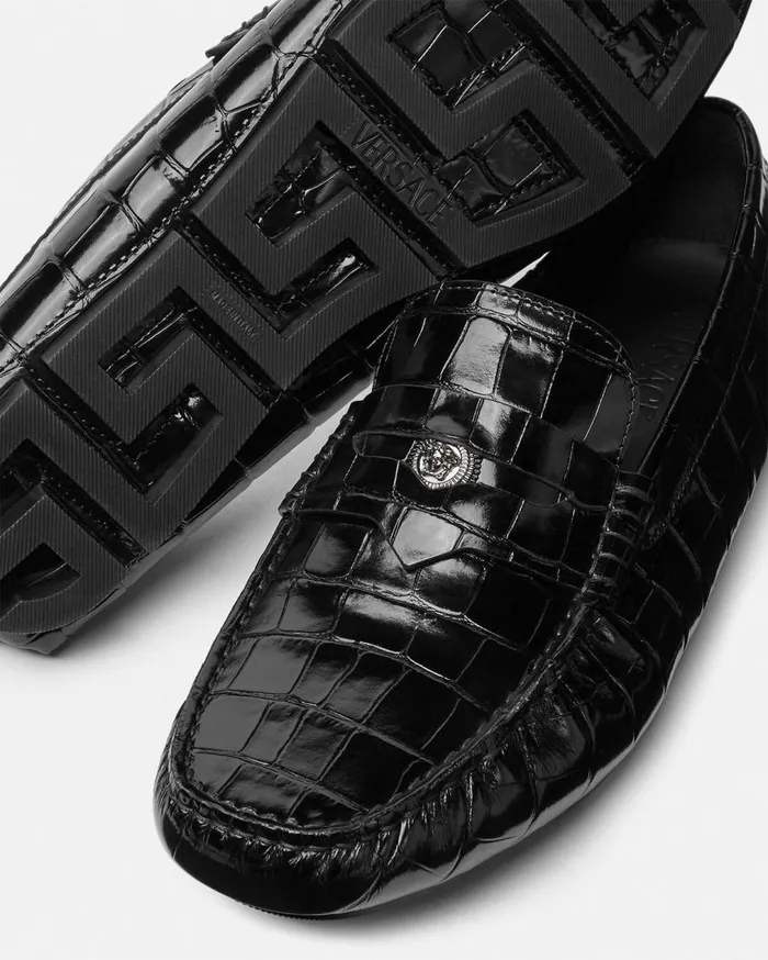 Versace Drivers Medusa CrocEffect Leather Driver Shoes Black 8211 Men Versace Drivers Medusa CrocEffect Leather Driver Shoes Black 8211 Men