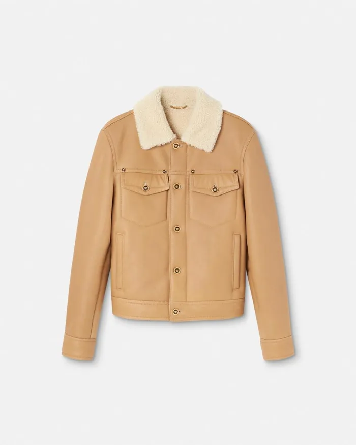 Versace Jackets and Coats Shearling Leather Blouson Jacket Beige 8211 Men