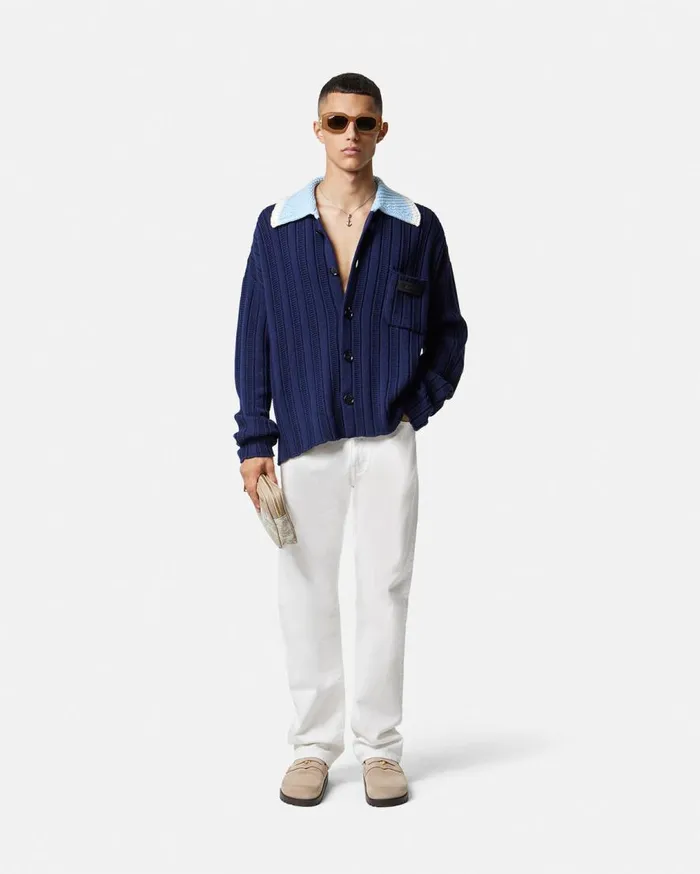 Versace Knitwear Blouson CableKnit Cardigan Blue 8211 Men Versace Knitwear Blouson CableKnit Cardigan Blue 8211 Men