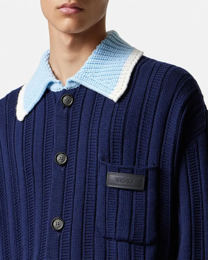 Versace Knitwear Blouson CableKnit Cardigan Blue 8211 Men Versace Knitwear Blouson CableKnit Cardigan Blue 8211 Men