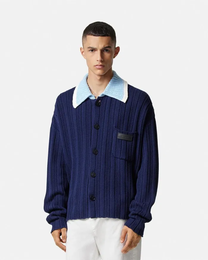 Versace Knitwear Blouson CableKnit Cardigan Blue 8211 Men Versace Knitwear Blouson CableKnit Cardigan Blue 8211 Men