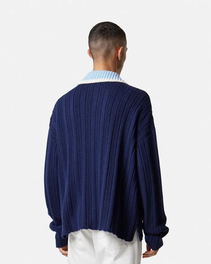 Versace Knitwear Blouson CableKnit Cardigan Blue 8211 Men Versace Knitwear Blouson CableKnit Cardigan Blue 8211 Men