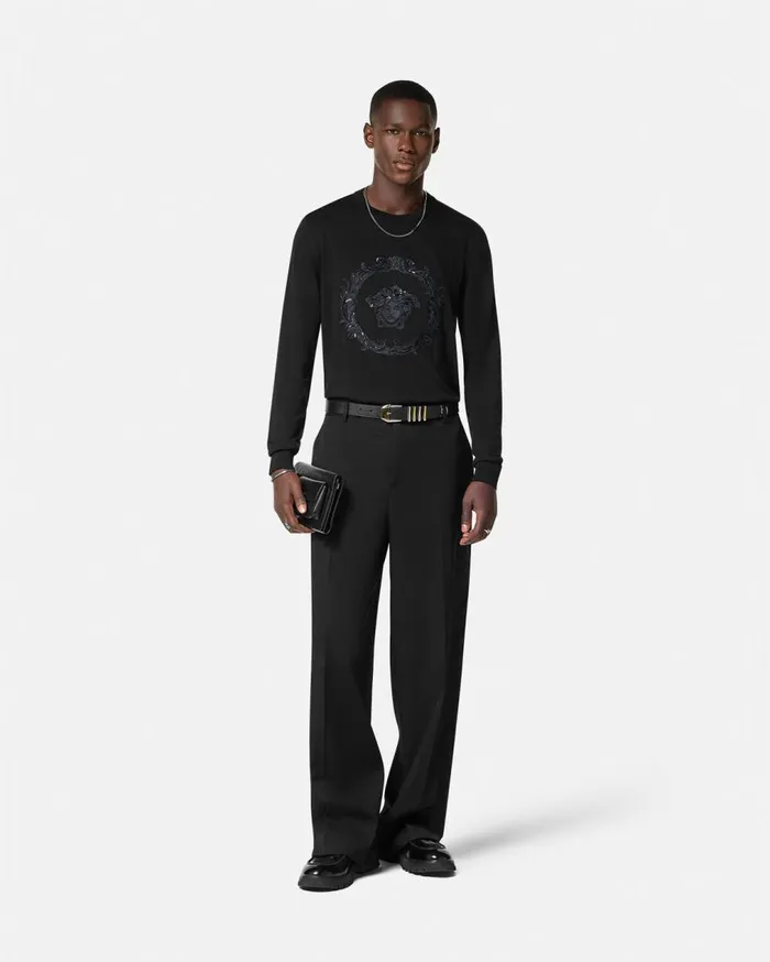 Versace Knitwear Embroidered Medusa Cartouche Jumper Black 8211 Men Versace Knitwear Embroidered Medusa Cartouche Jumper Black 8211 Men