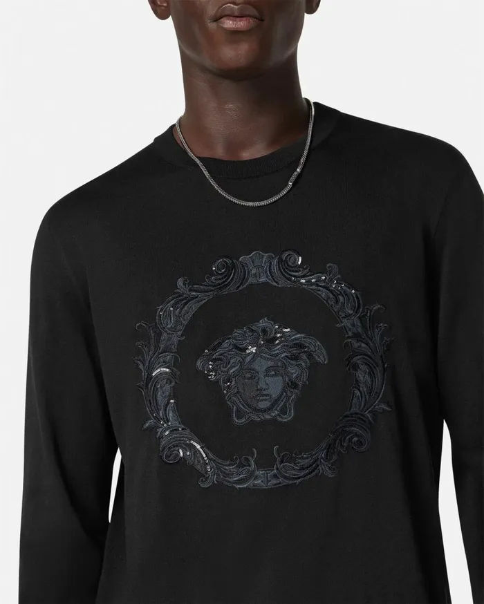 Versace Knitwear Embroidered Medusa Cartouche Jumper Black 8211 Men Versace Knitwear Embroidered Medusa Cartouche Jumper Black 8211 Men