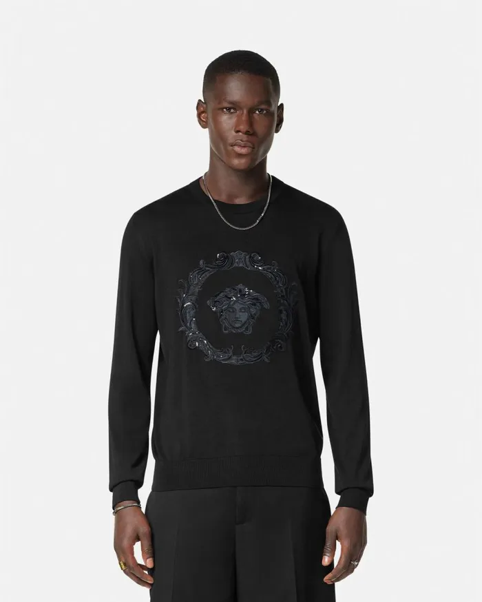 Versace Knitwear Embroidered Medusa Cartouche Jumper Black 8211 Men Versace Knitwear Embroidered Medusa Cartouche Jumper Black 8211 Men