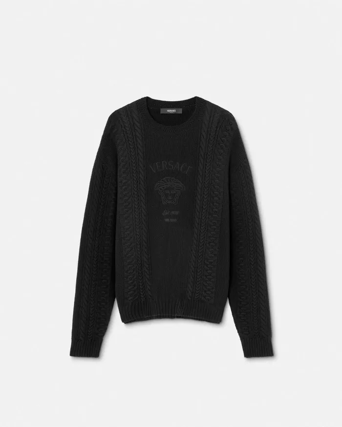 Versace Knitwear Medusa Milano CableKnit Sweater Black 8211 Men