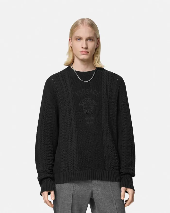 Versace Knitwear Medusa Milano CableKnit Sweater Black 8211 Men Versace Knitwear Medusa Milano CableKnit Sweater Black 8211 Men