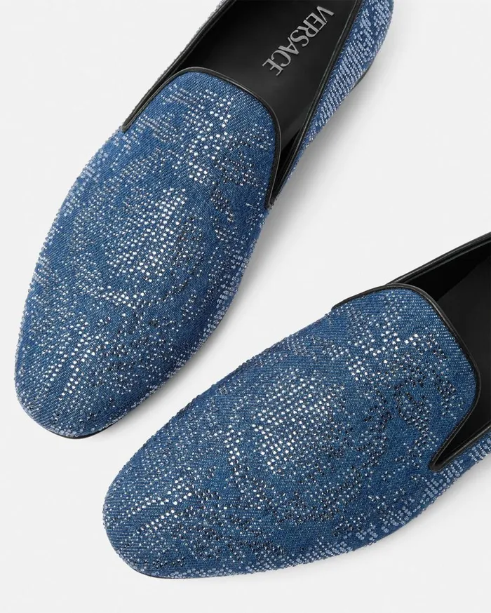 Versace Loafers and Slippers Crystal Barocco Denim Slippers Blue 8211 Men Versace Loafers and Slippers Crystal Barocco Denim Slippers Blue 8211 Men
