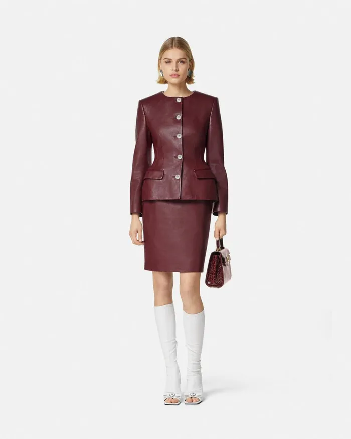 Versace Outerwear and Coats Leather Hourglass Jacket Burgundy 8211 Women Versace Outerwear and Coats Leather Hourglass Jacket Burgundy 8211 Women