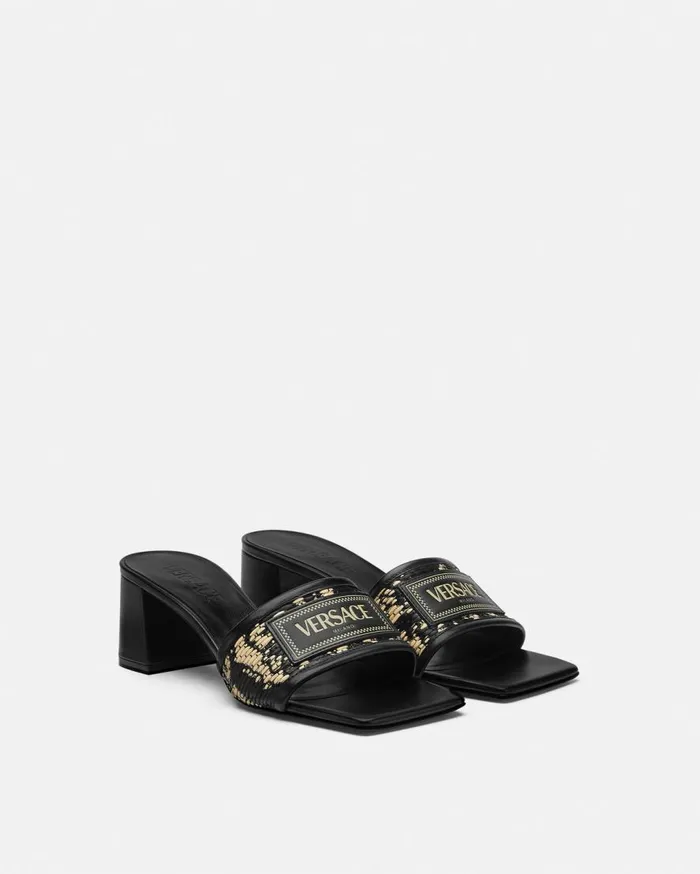 Versace Sandals Theia Barocco Raffia Mules 55 Mm Blackprint 8211 Women Versace Sandals Theia Barocco Raffia Mules 55 Mm Blackprint 8211 Women