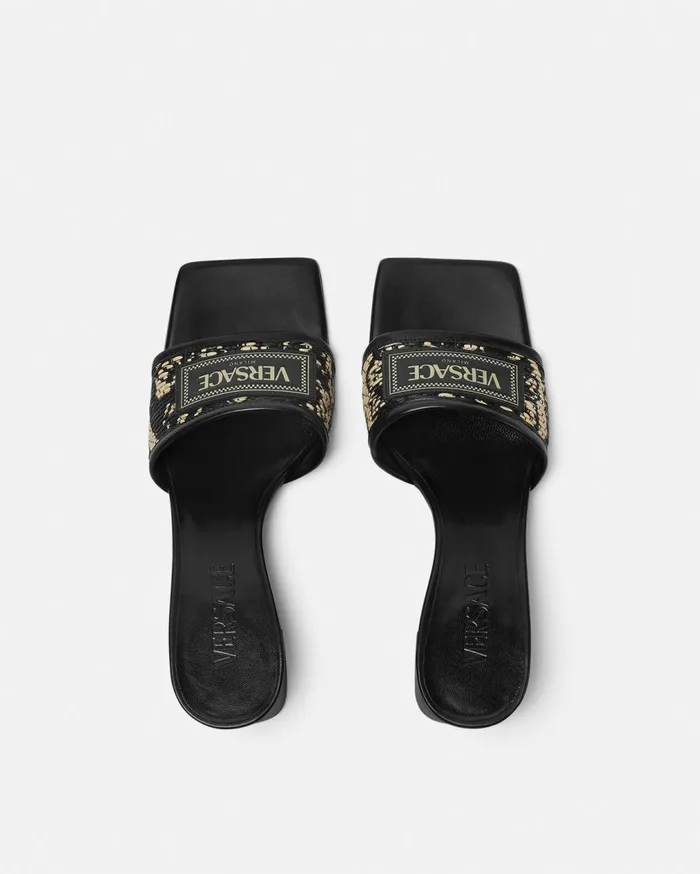 Versace Sandals Theia Barocco Raffia Mules 55 Mm Blackprint 8211 Women Versace Sandals Theia Barocco Raffia Mules 55 Mm Blackprint 8211 Women