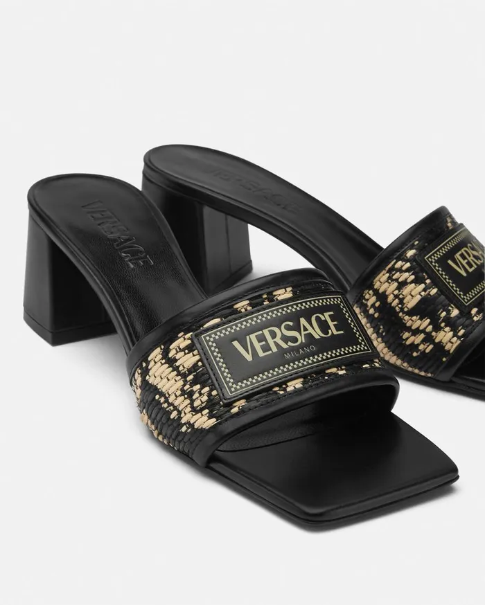 Versace Sandals Theia Barocco Raffia Mules 55 Mm Blackprint 8211 Women Versace Sandals Theia Barocco Raffia Mules 55 Mm Blackprint 8211 Women