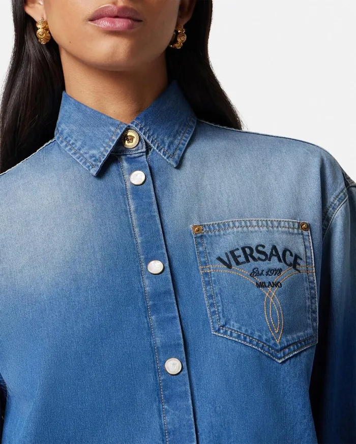 Versace Shirts and Tops Versace Milano Stamp Crop Denim Shirt Blue 8211 Women Versace Shirts and Tops Versace Milano Stamp Crop Denim Shirt Blue 8211 Women