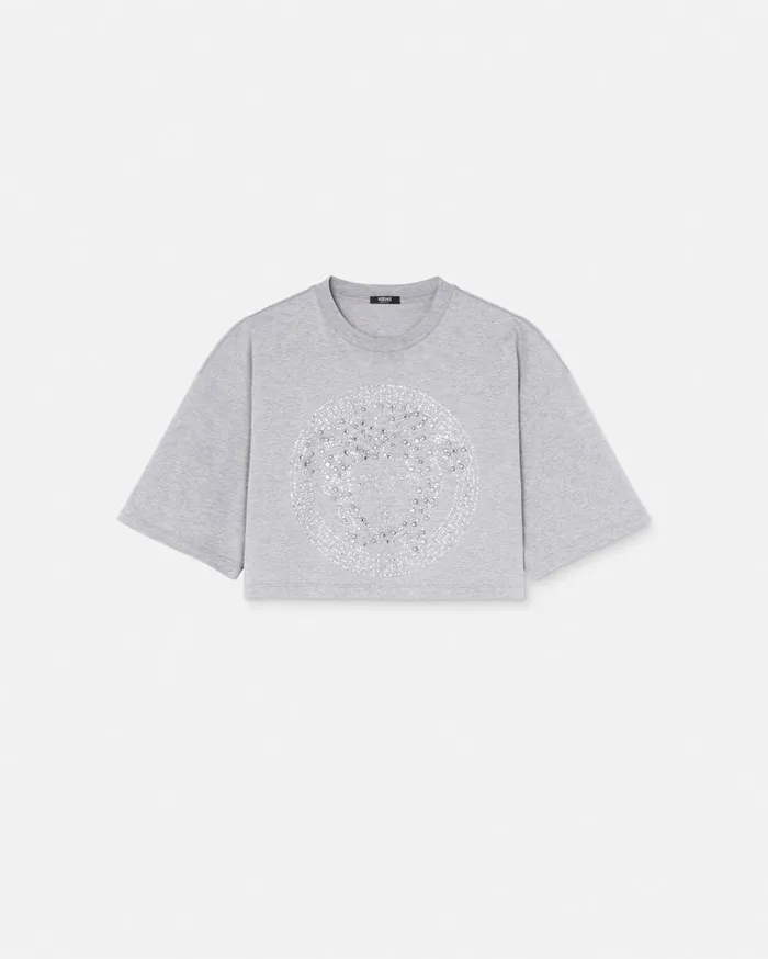 Versace TShirts and Sweatshirts Crystal Medusa Crop Boxy TShirt Gray 8211 Women