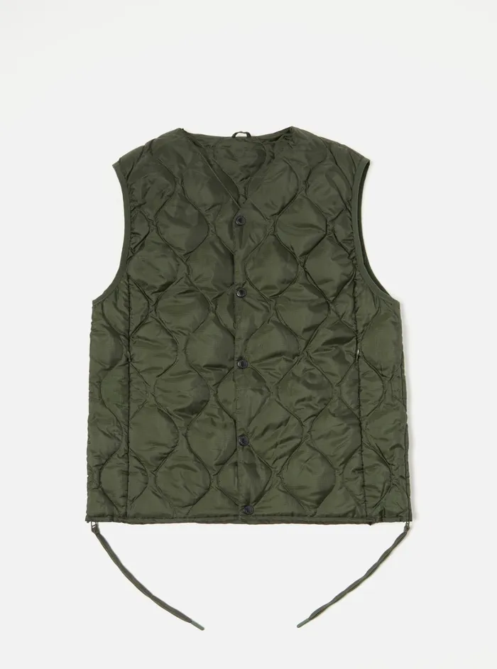 Waistcoats and Gilets Men Universal Works Taion By FCe Packable Down Vest In Olive Nylon RipstopDuck Down