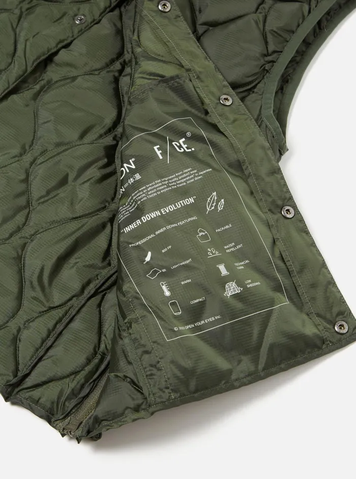 Waistcoats and Gilets Men Universal Works Taion By FCe Packable Down Vest In Olive Nylon RipstopDuck Down