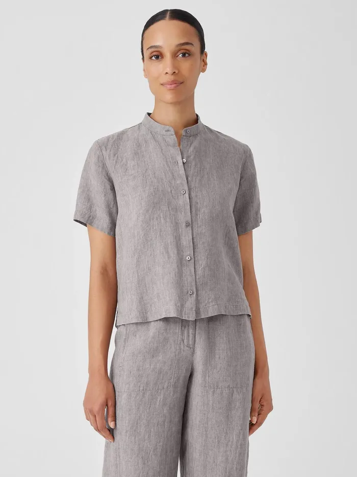Washed Organic Linen Dlav Band Collar Shirt Stone Women Eileen Fisher Tops and Tees