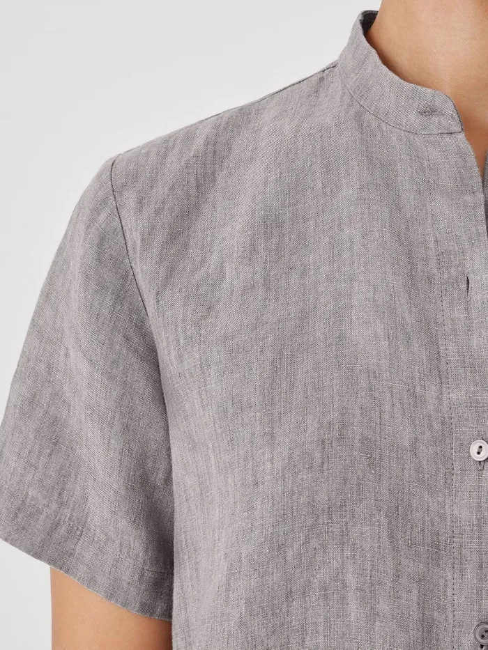 Washed Organic Linen Dlav Band Collar Shirt Stone Women Eileen Fisher Tops and Tees