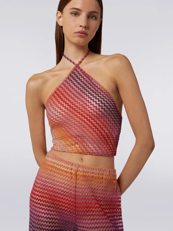 Women American Neckline Top With Multicoloured Zigzag Pink Missoni Beachwear Women American Neckline Top With Multicoloured Zigzag Pink Missoni Beachwear