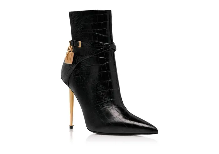 Women Boots Tom Ford Shiny Stamped Crocodile Leather Padlock Ankle Boot Black Women Boots Tom Ford Shiny Stamped Crocodile Leather Padlock Ankle Boot Black