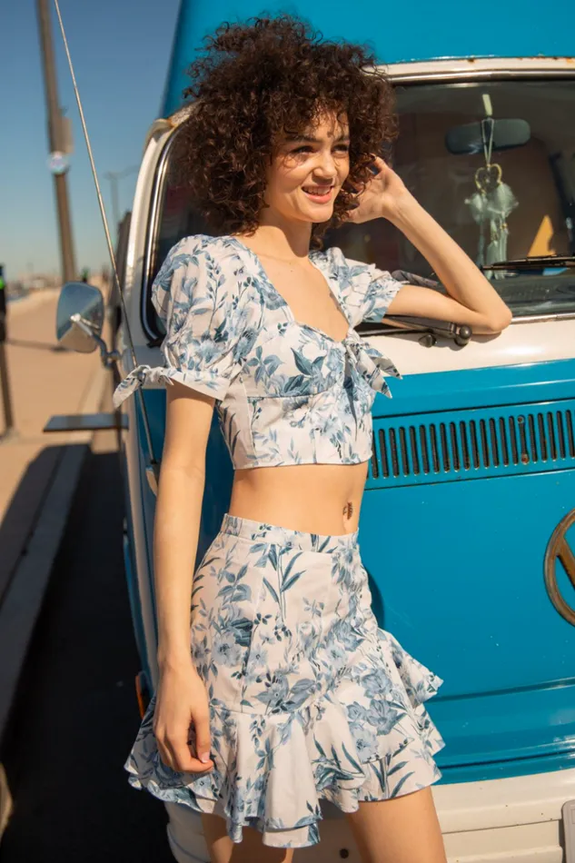 Women Bottoms YUMI KIM Ruffle Mini Skirt Floral Mini Skirt Lunar Garden Cyan Women Bottoms YUMI KIM Ruffle Mini Skirt Floral Mini Skirt Lunar Garden Cyan