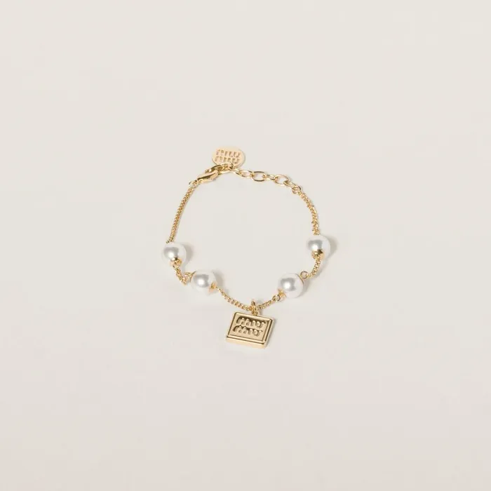 Women Bracelets Miu Miu Metal Bracelet With Synthetic Pearls Goldcream
