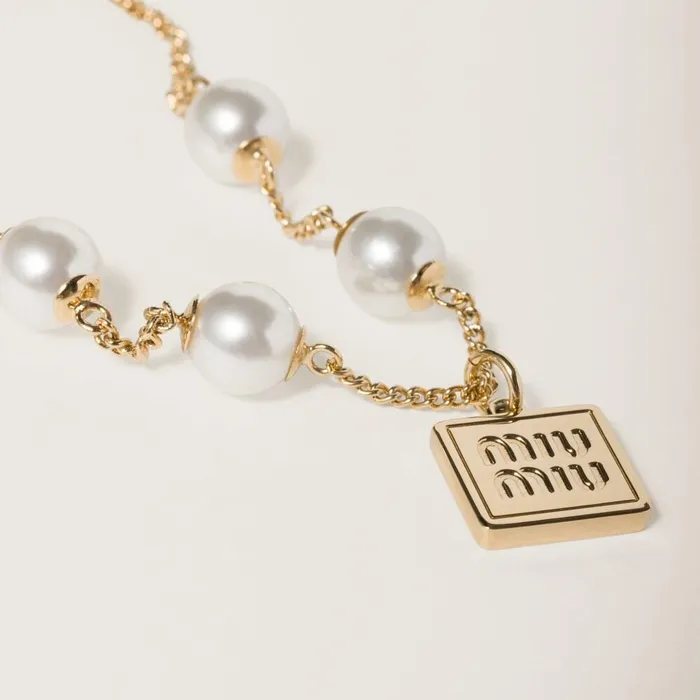 Women Bracelets Miu Miu Metal Bracelet With Synthetic Pearls Goldcream Women Bracelets Miu Miu Metal Bracelet With Synthetic Pearls Goldcream