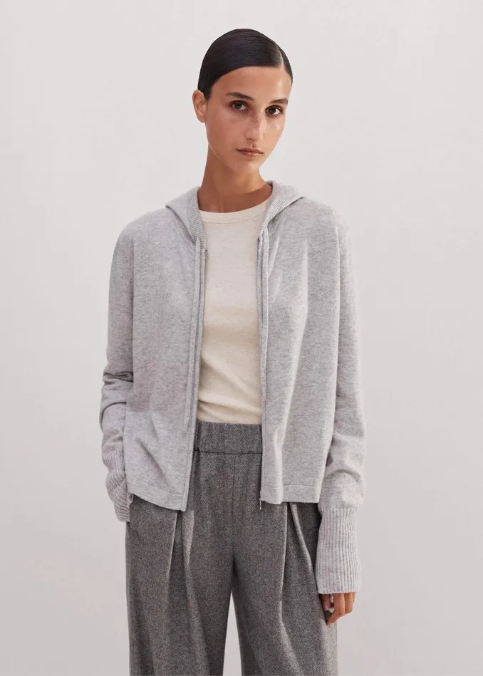 Women Cashmere Relaxed Fit Box Zip Hoody Silver Grey Mlange MEEM