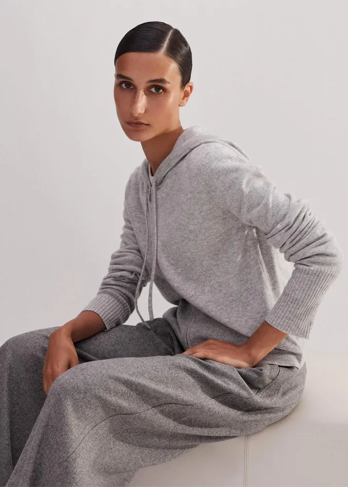 Women Cashmere Relaxed Fit Box Zip Hoody Silver Grey Mlange MEEM