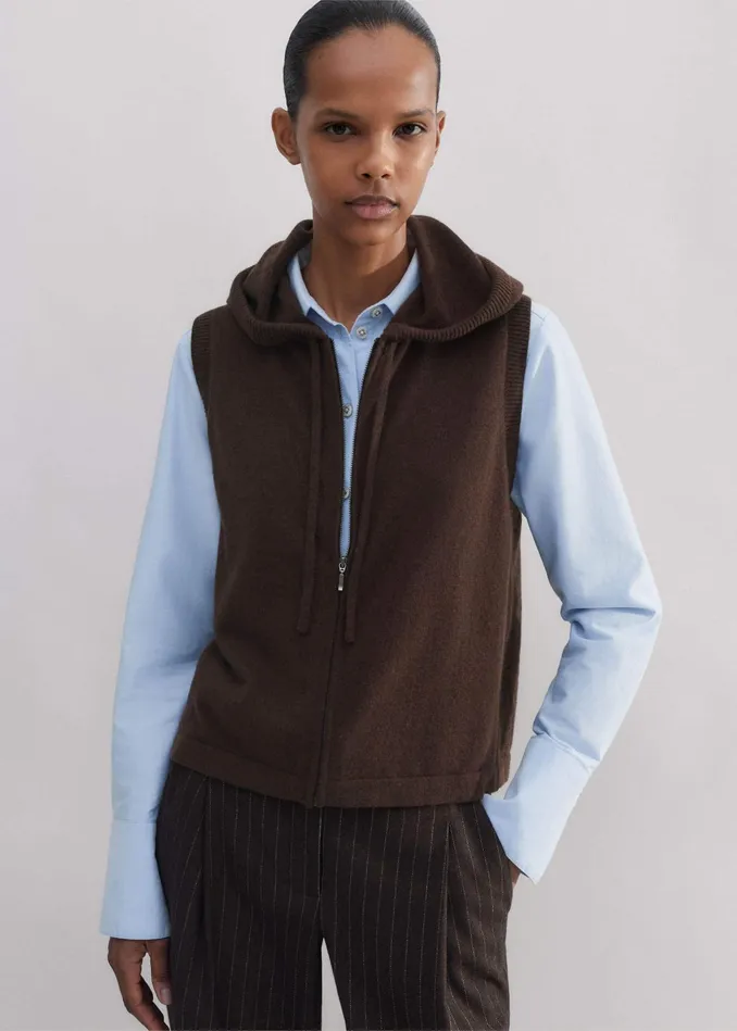 Women Cashmere Sleeveless Relaxed Zip Hoodie Espresso Brown MEEM