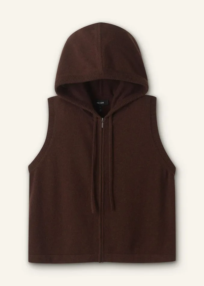 Women Cashmere Sleeveless Relaxed Zip Hoodie Espresso Brown MEEM