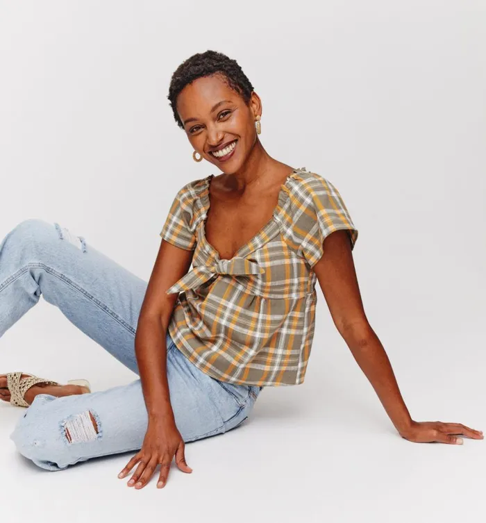 Women Checked Blouse 8211 Khaki Checks Promod Shirts And Tunics