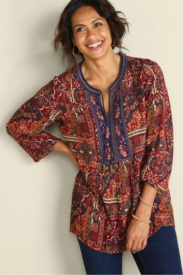 Women Cindra Embroidered Gauze Tunic Riviera Patchwork Burgund Soft Surroundings Tops