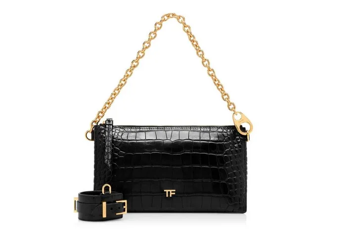 Women Clutches Tom Ford Shiny Stamped Crocodile Leather Carine Clutch Black