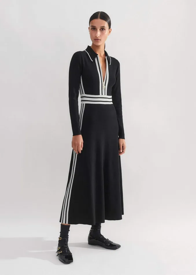 Women Collared Stripe Panelled Knit Maxi Dress Blackcream MEEM