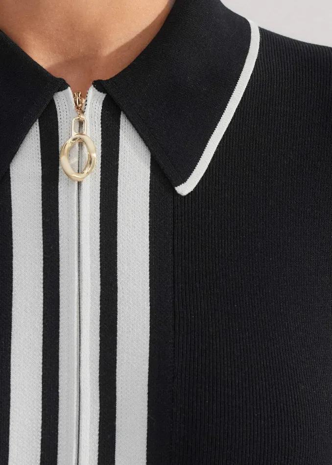 Women Collared Stripe Panelled Knit Maxi Dress Blackcream MEEM