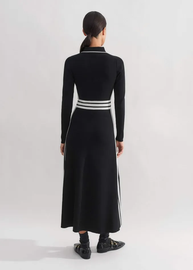 Women Collared Stripe Panelled Knit Maxi Dress Blackcream MEEM